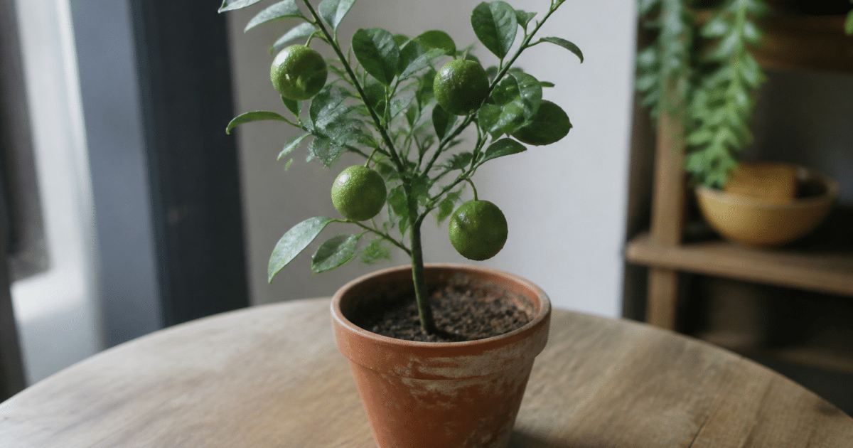 Petit agrume vert dans pot terracotta sur table