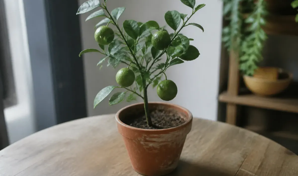 Petit agrume vert dans pot terracotta sur table