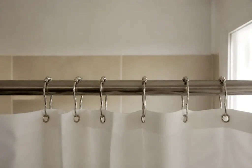 Anneaux metalliques alignes sur barre rideau douche