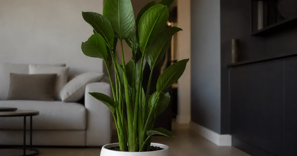 Arbre tropical aux feuilles vertes dressees dans un pot blanc