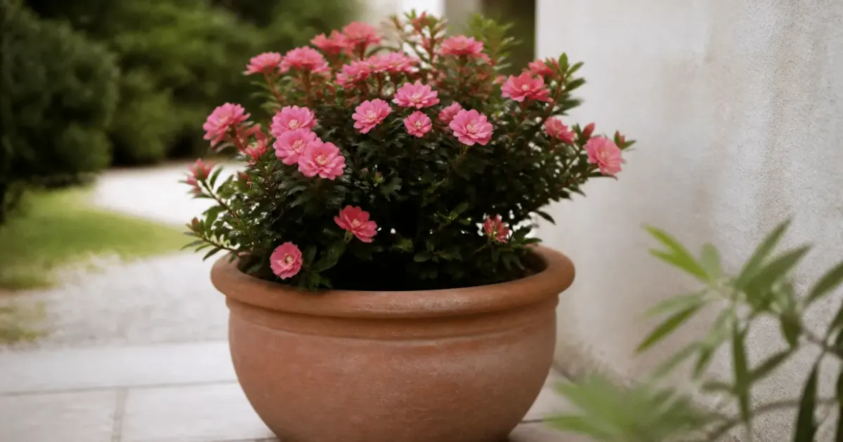 Arbuste fleur rose contenu dans pot terre ronde