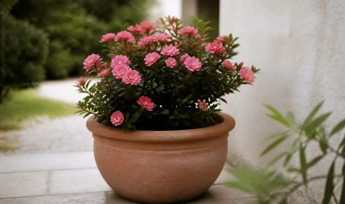 Arbuste fleur rose contenu dans pot terre ronde