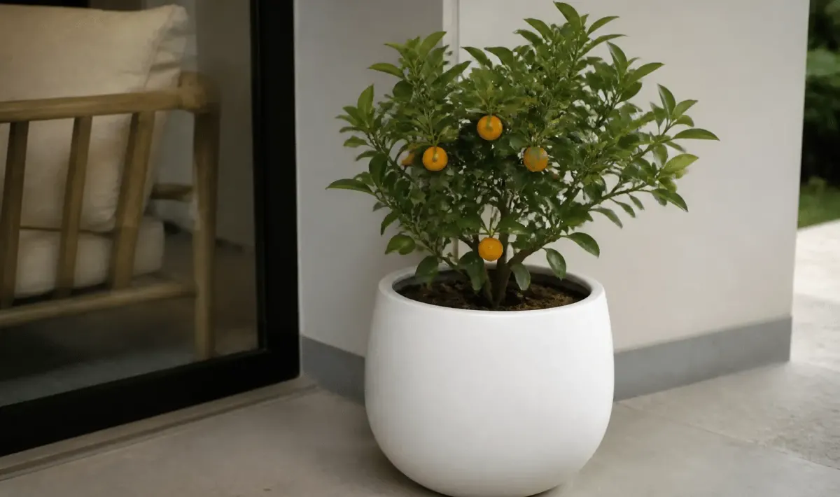 Petit arbuste oranger vert en pot blanc arrondi