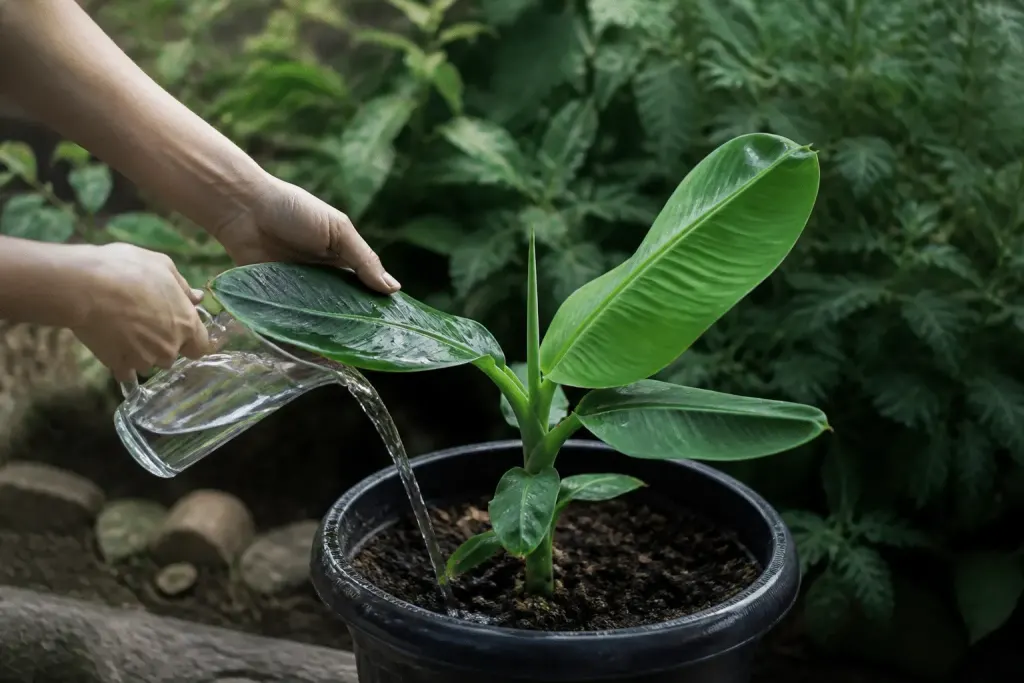 Mains arrosant jeune bananier en pot avec eau claire