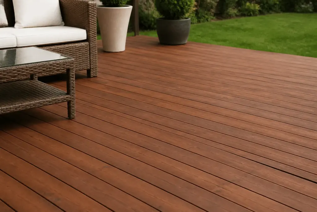 Bois terrasse teinte restaurée après application dégriseur protecteur