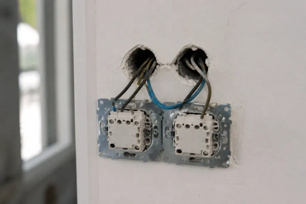 Fils electriques connectes a deux interrupteurs muraux blancs