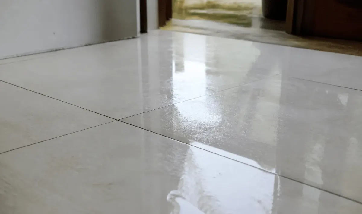 Carrelage blanc brillant posé horizontalement sur sol mouille