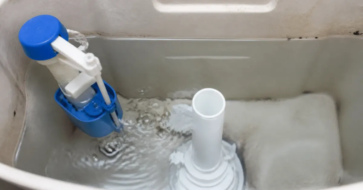 Reservoir toilettes rempli eau claire qui s'ecoule vers bas