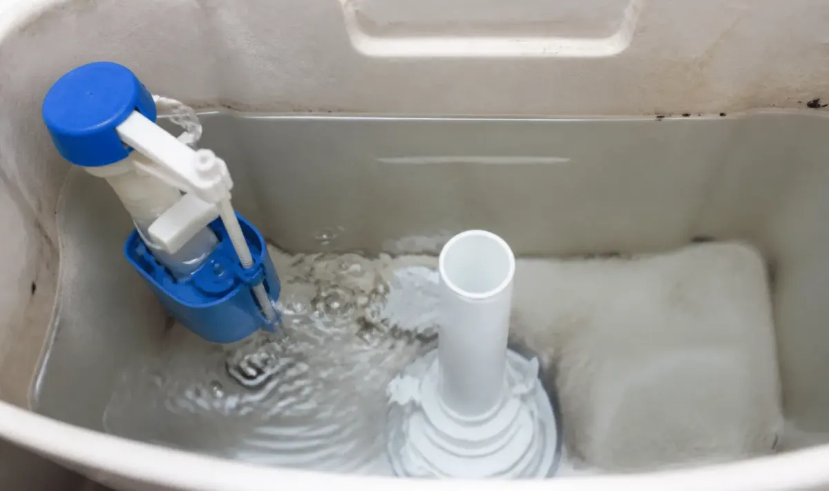 Reservoir toilettes rempli eau claire qui s'ecoule vers bas