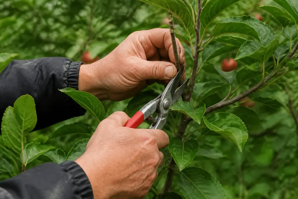 Mains taillant branches feuillues vertes d'arbre fruitier