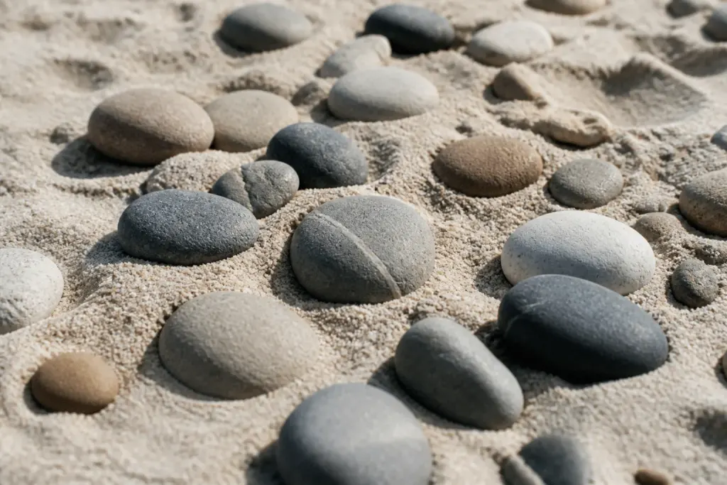 Galets lisses de taille moyenne disposés sur sable blanc