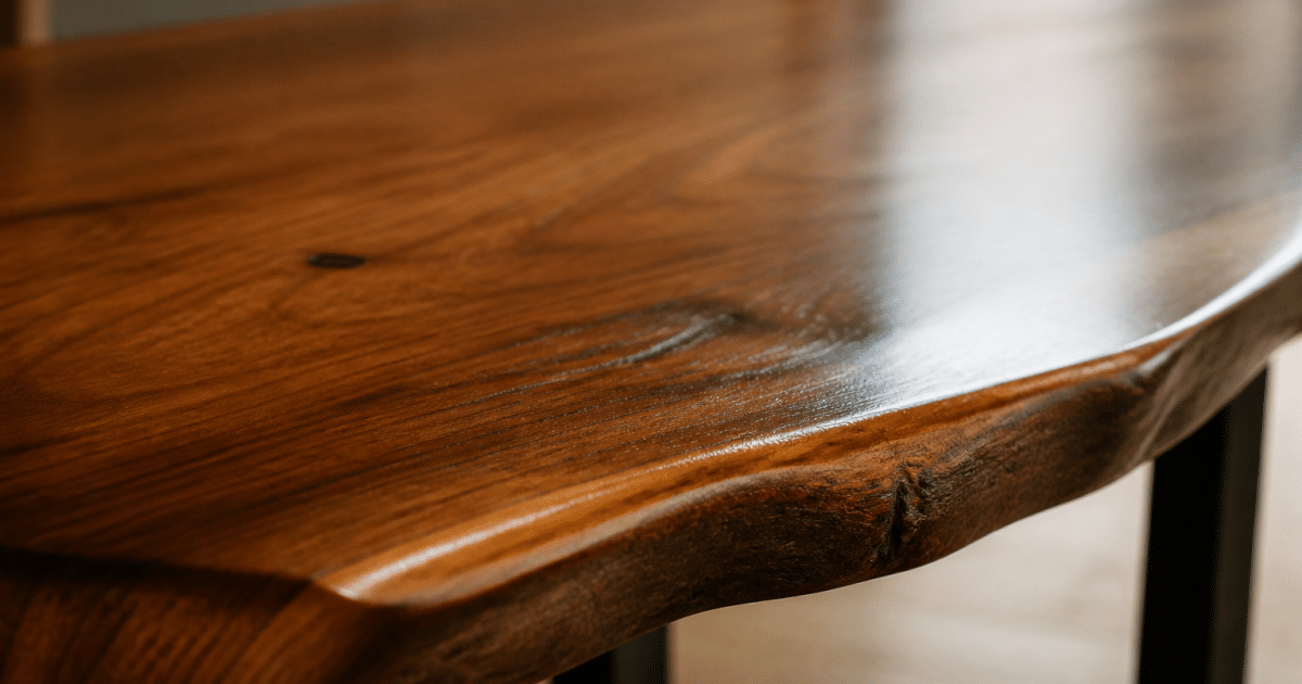 Bois brut recouvert d'huile brillante, surface lisse et satinee