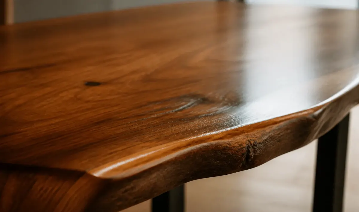Bois brut recouvert d'huile brillante, surface lisse et satinee