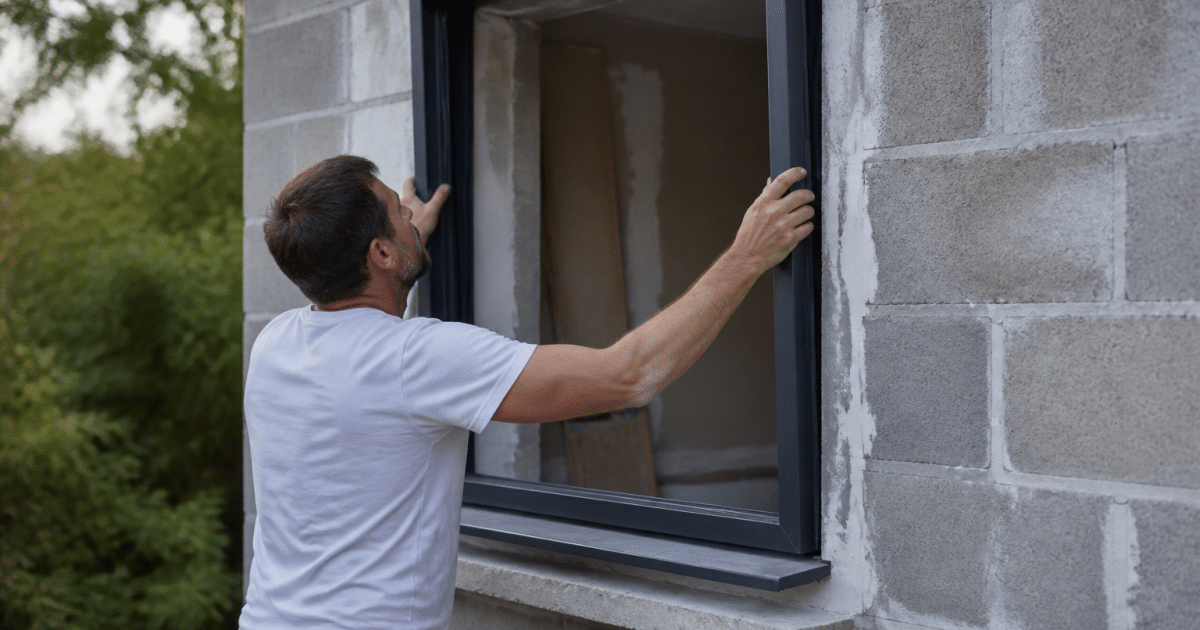 Ouvrier installant cadre fenetre contre mur exterieur maison