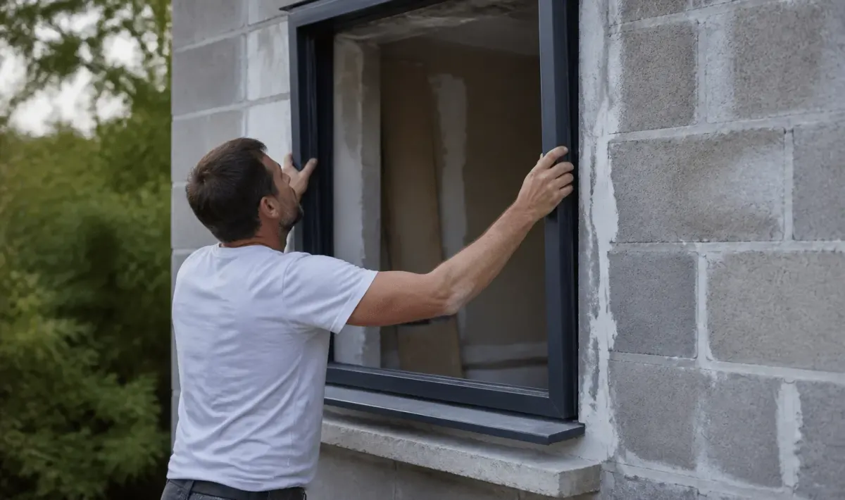 Ouvrier installant cadre fenetre contre mur exterieur maison