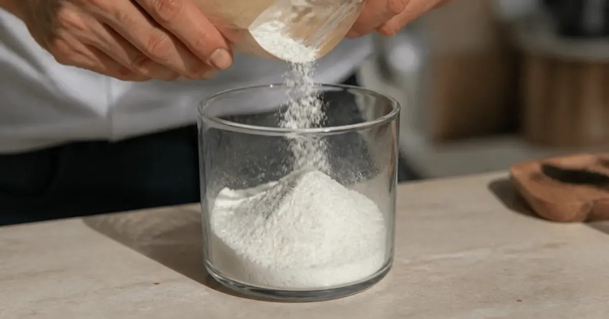 Mains versant poudre blanche dans un recipient en verre transparent