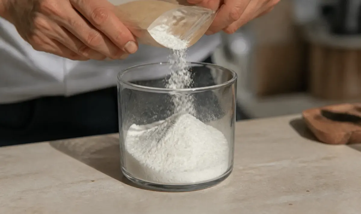 Mains versant poudre blanche dans un recipient en verre transparent
