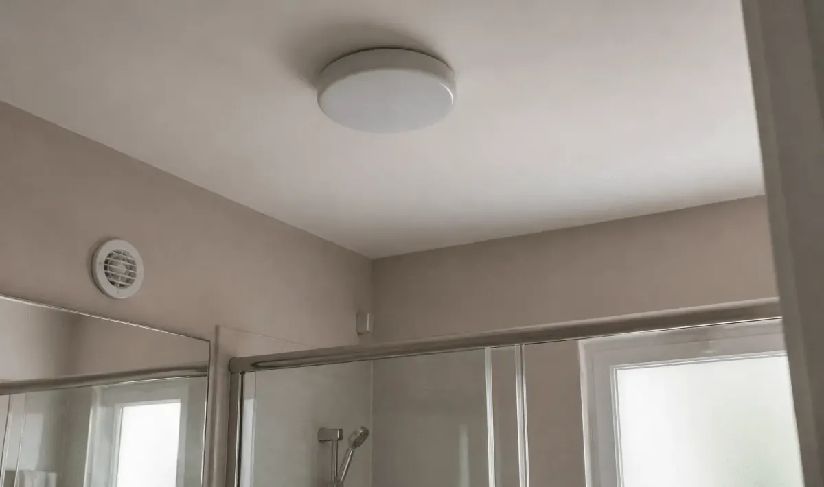Luminaire rond blanc fixe au plafond salle bain