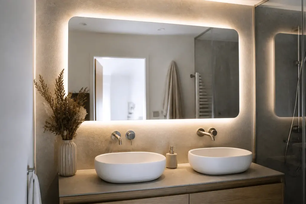 Miroir salle bains eclaire par luminaires modernes blancs