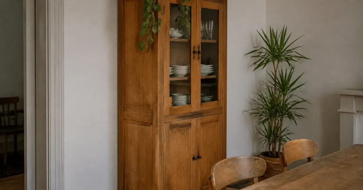Meuble de rangement haut en bois massif contre mur salle à manger