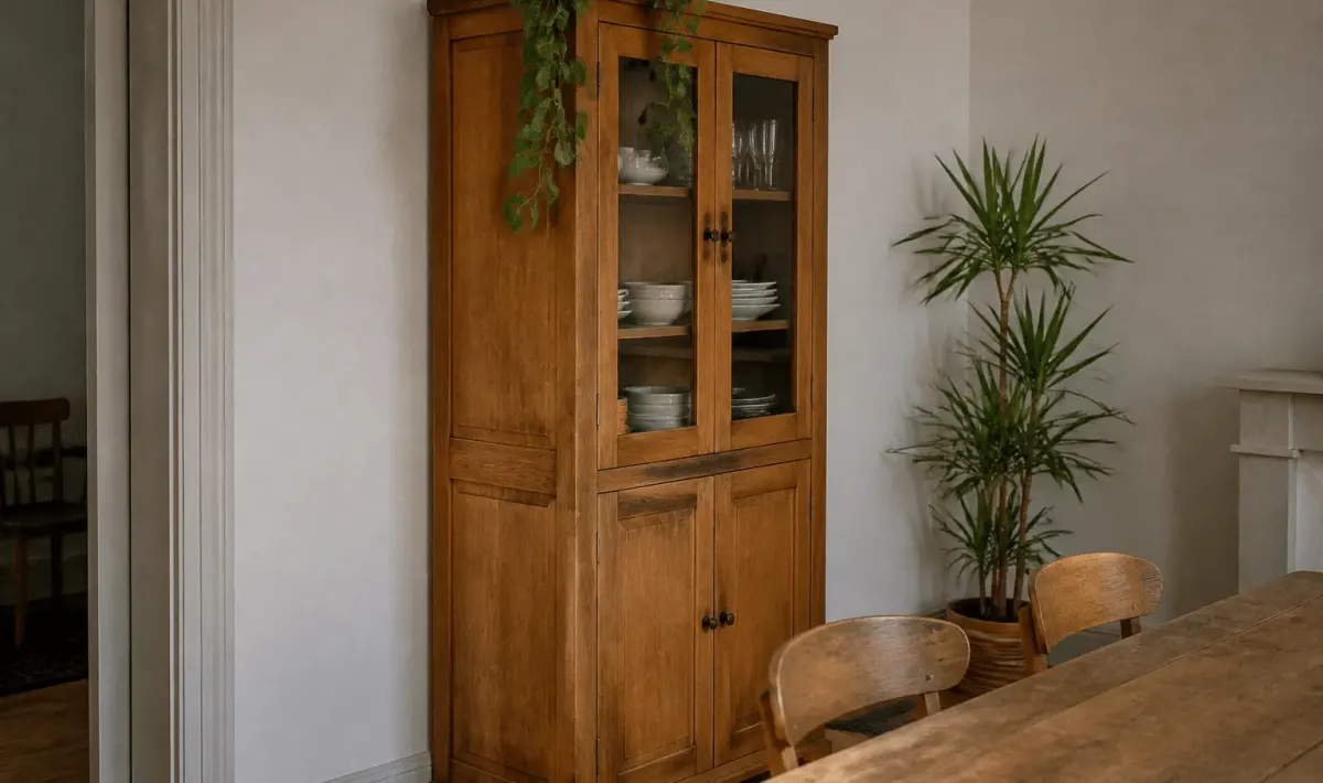 Meuble de rangement haut en bois massif contre mur salle à manger