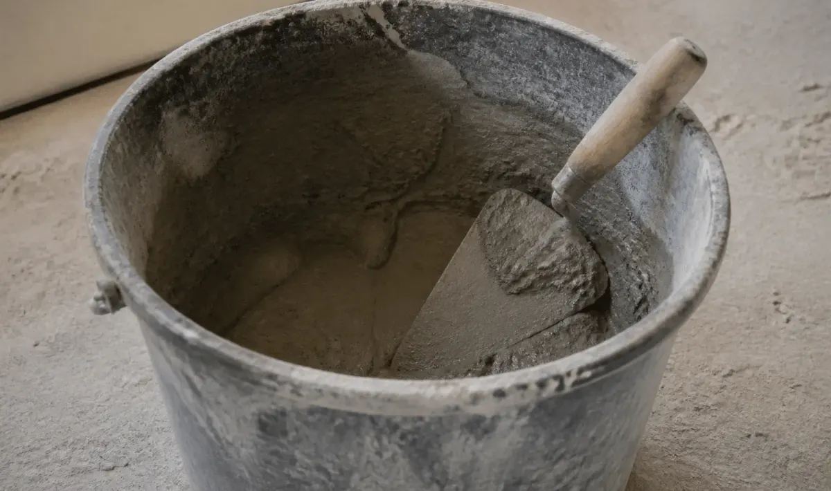 Seau de mortier gris ouvert avec truelle posee dedans
