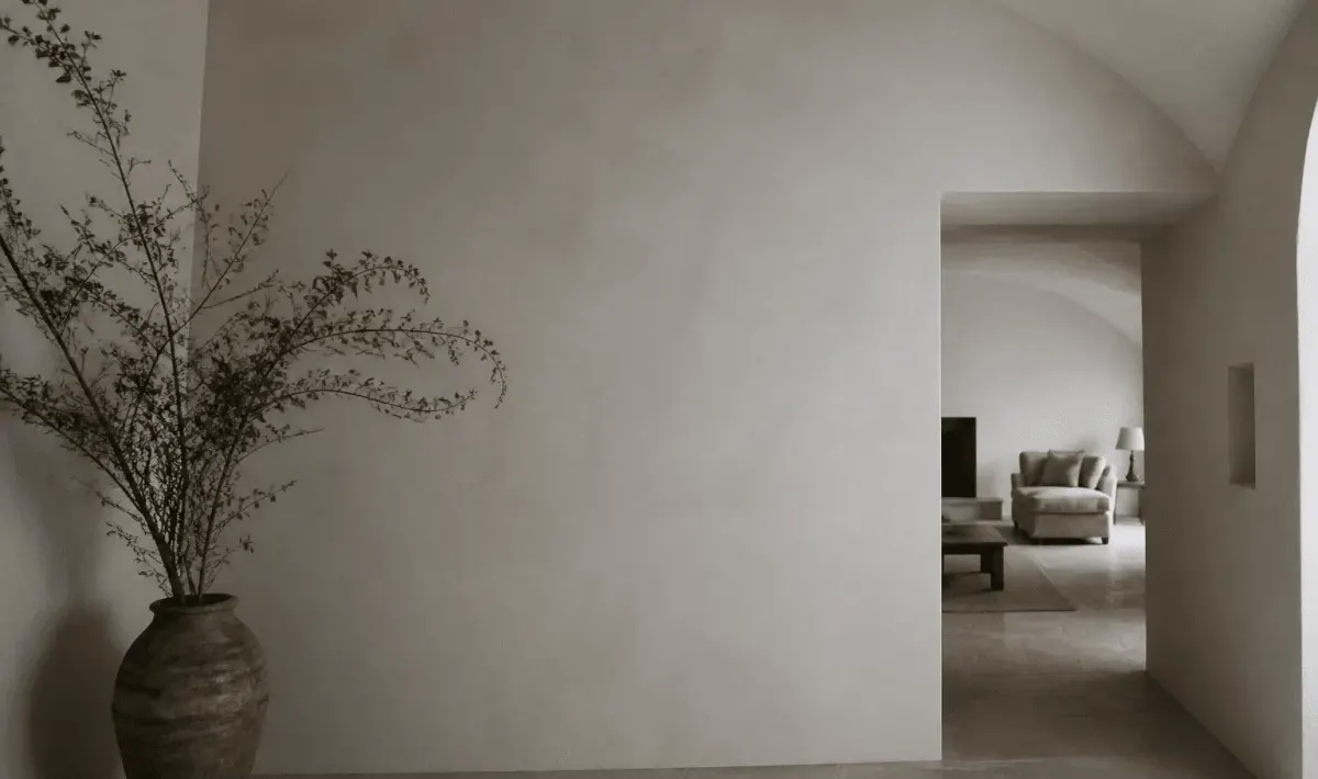 Mur interieur recouvert d'enduit calcaire blanc lisse