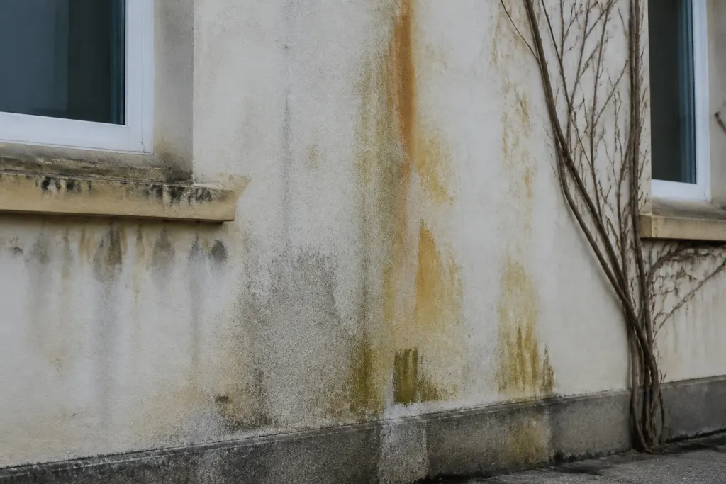 Facade avec traces d'humidite et produits chimiques sur surfaces