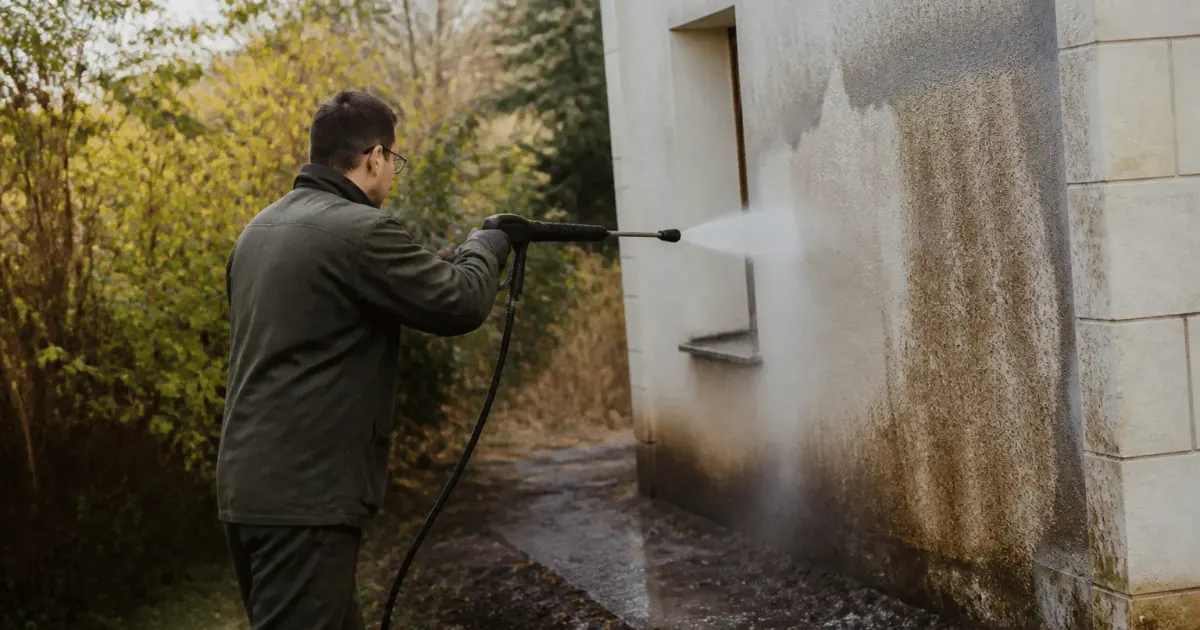 Ouvrier pulverise eau haute pression sur mur exterieur