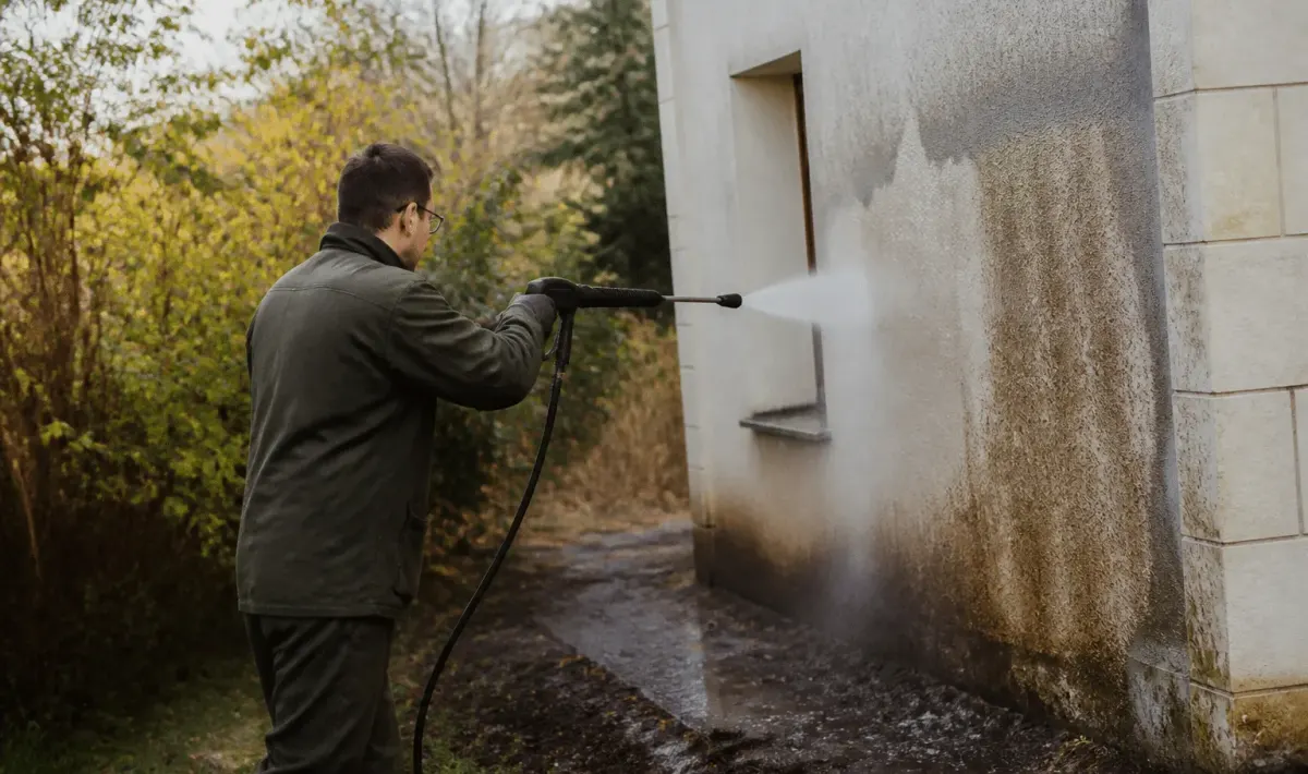 Ouvrier pulverise eau haute pression sur mur exterieur