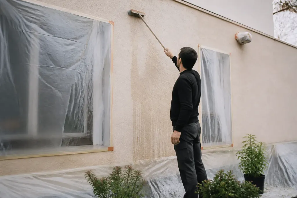 Personne nettoyant mur avec bâches protégeant fenêtres et plantes