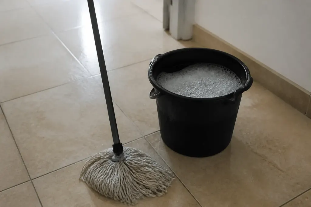 Carrelage beige avec seau d'eau savonneuse et serpillière
