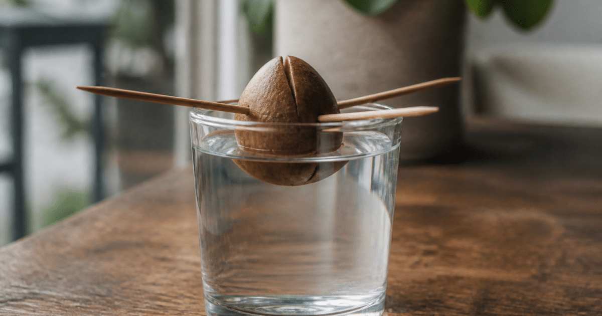 Noyau avocat suspendu toothpicks eau transparent verre