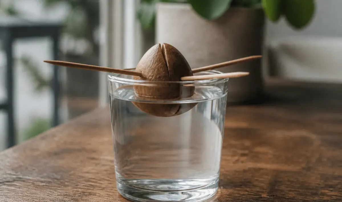 Noyau avocat suspendu toothpicks eau transparent verre