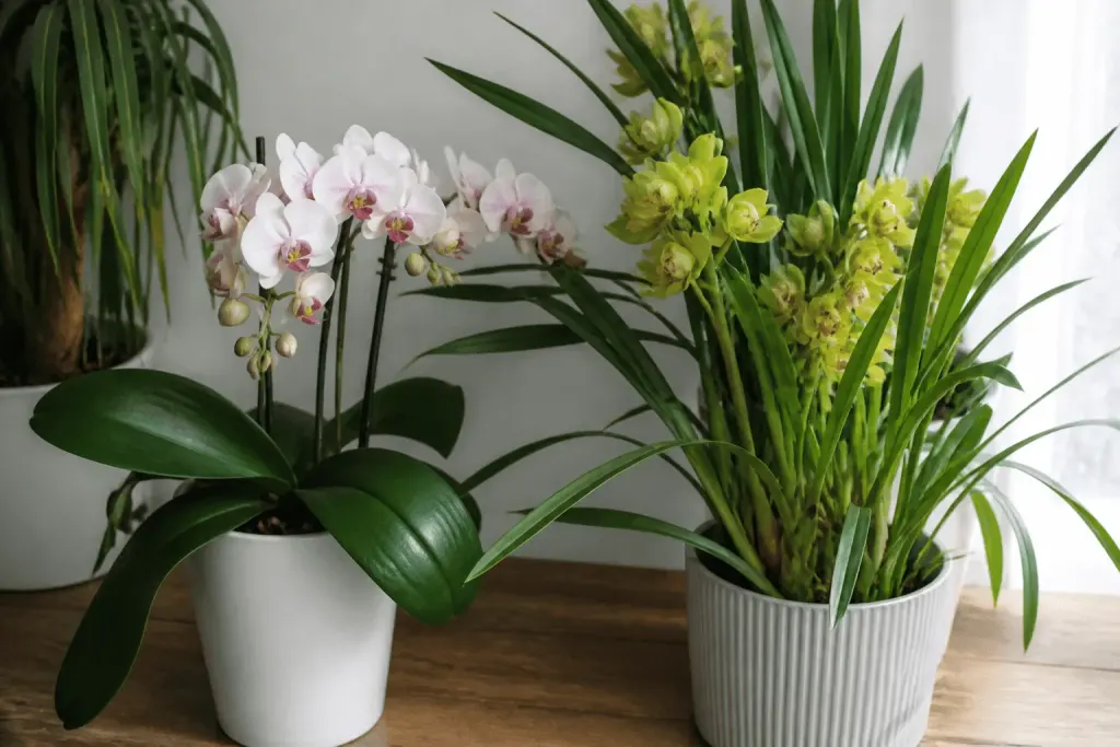 Phalaenopsis et Cymbidium en pots avec feuilles vertes brillantes