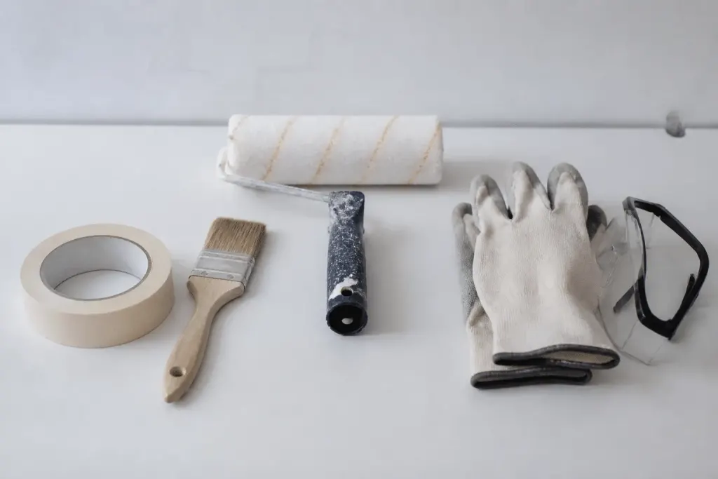 Outils de peinture et protection alignes sur surface blanche