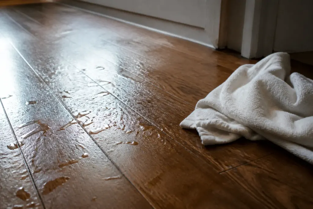 Plancher bois humide avec gouttes eau et serviette blanche