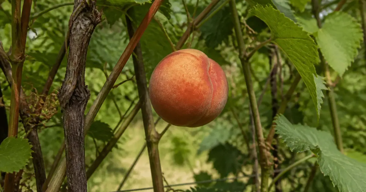 Pecher suspendu verticalement sur treille enroule de vignes