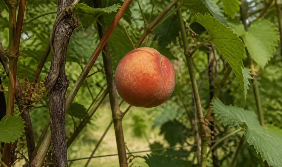 Pecher suspendu verticalement sur treille enroule de vignes