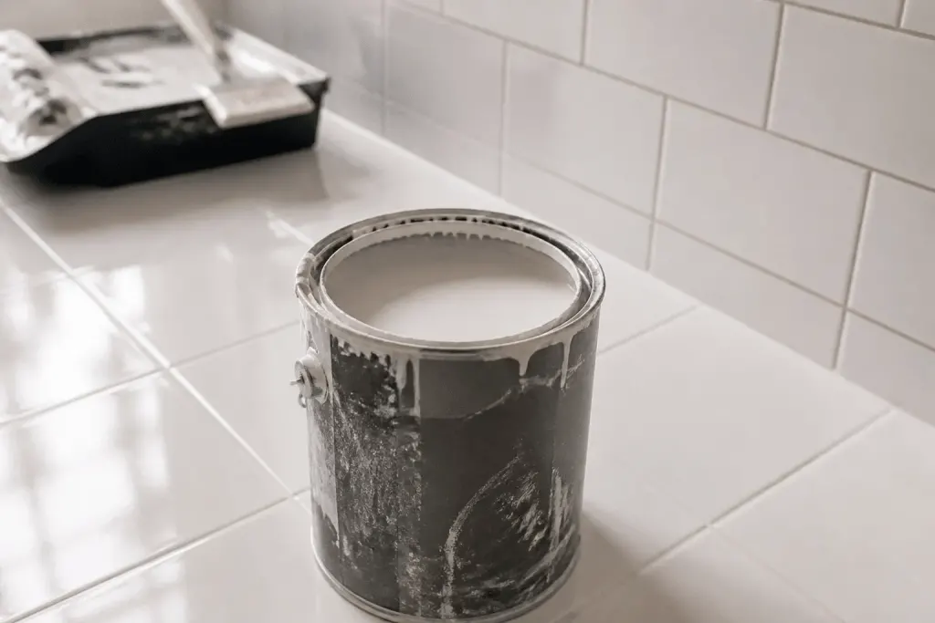 Pot de peinture ouvert devant carrelage blanc brillant