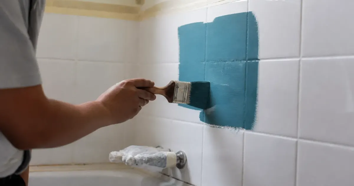 pinceau appliquant peinture coloree sur carreaux blancs salle bain
