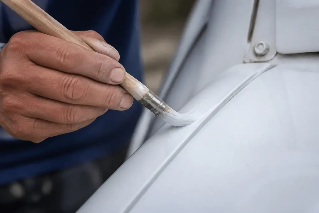 Pinceau appliquant peinture fine sur surface metallique blanche