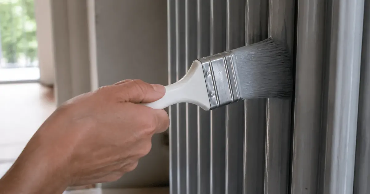 Pinceau blanc appliquant peinture grise sur radiateur vertical