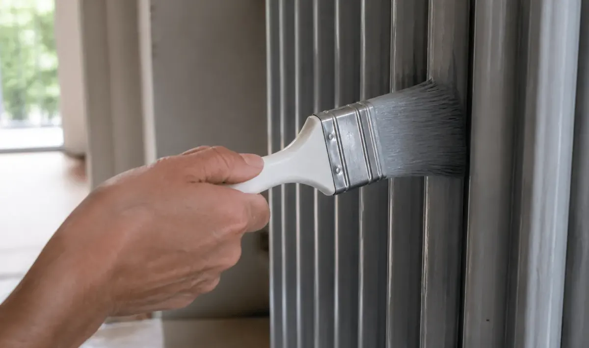 Pinceau blanc appliquant peinture grise sur radiateur vertical