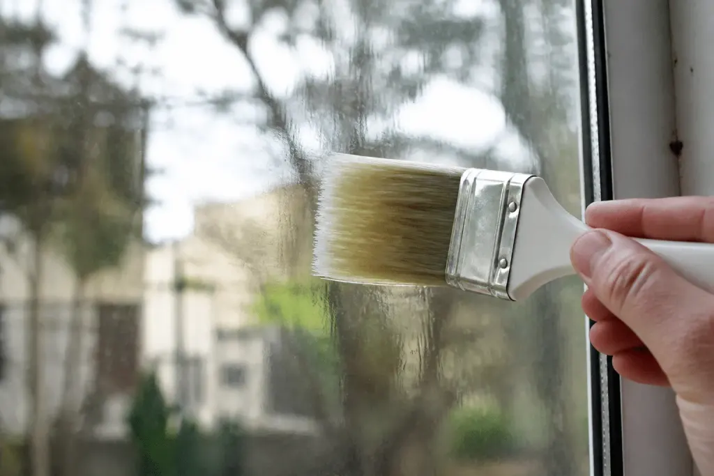 Pinceau appliquant peinture translucide sur surface vitrée propre