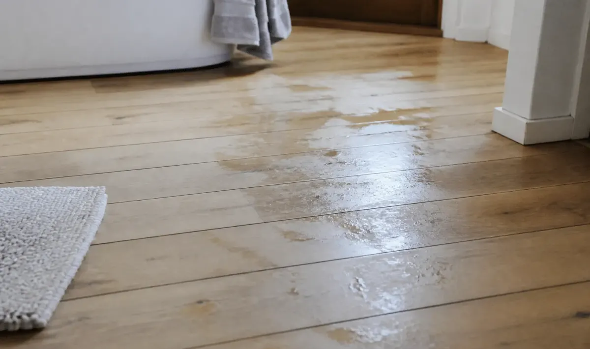 Planches bois clair posees horizontalement sur sol humide salle bain