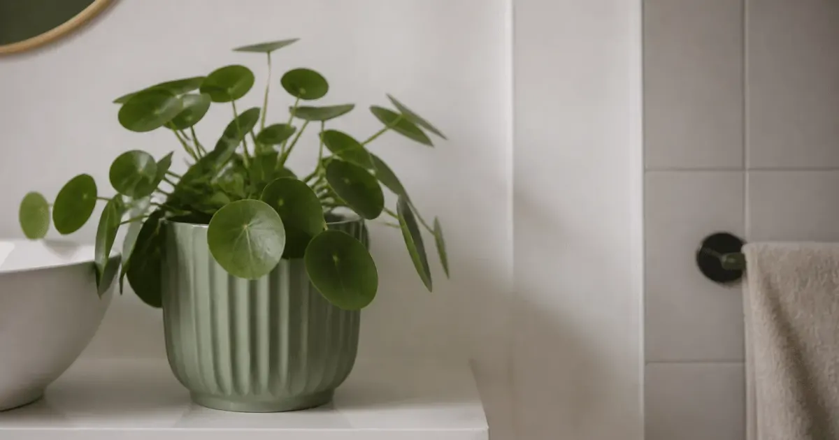 Pot de fleur verte positionne sur etagere blanche salle bain