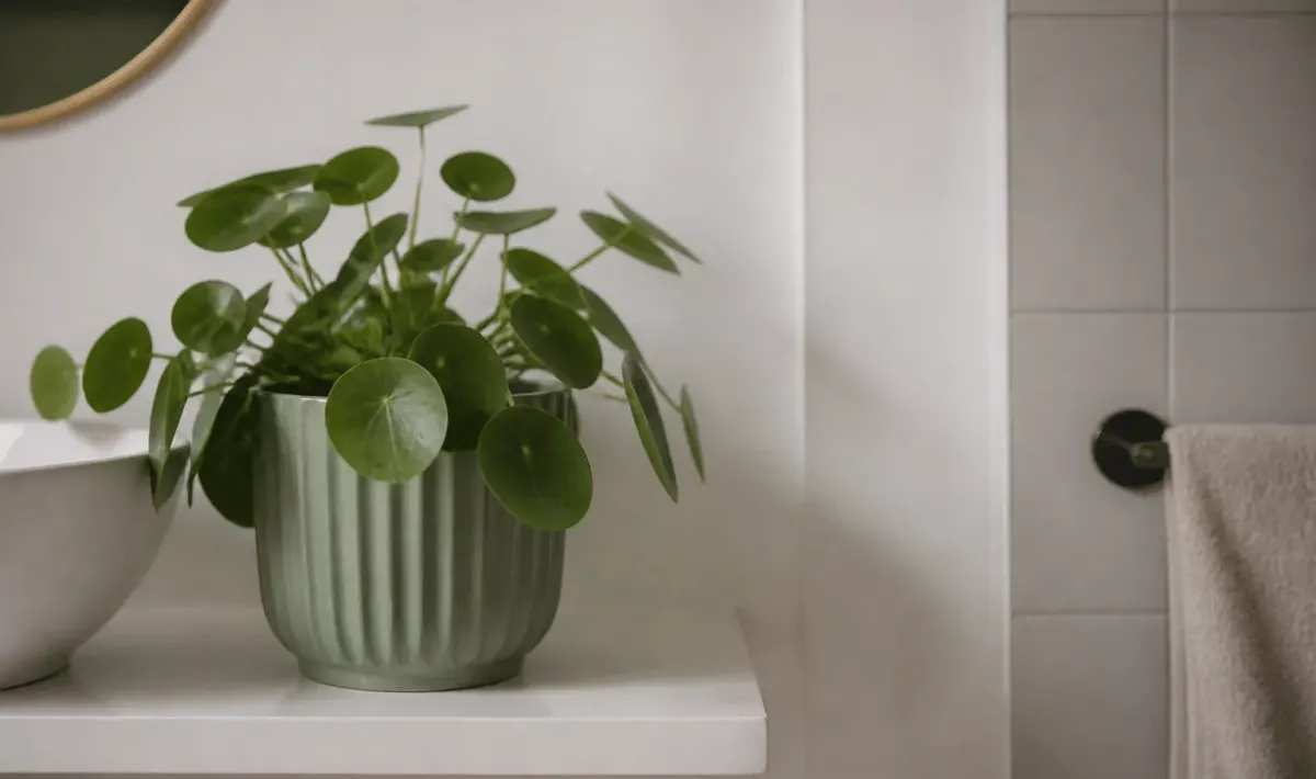 Pot de fleur verte positionne sur etagere blanche salle bain
