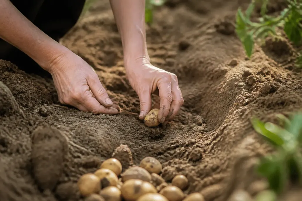 Mains plantant tubercules dans sol sableux ensoleille