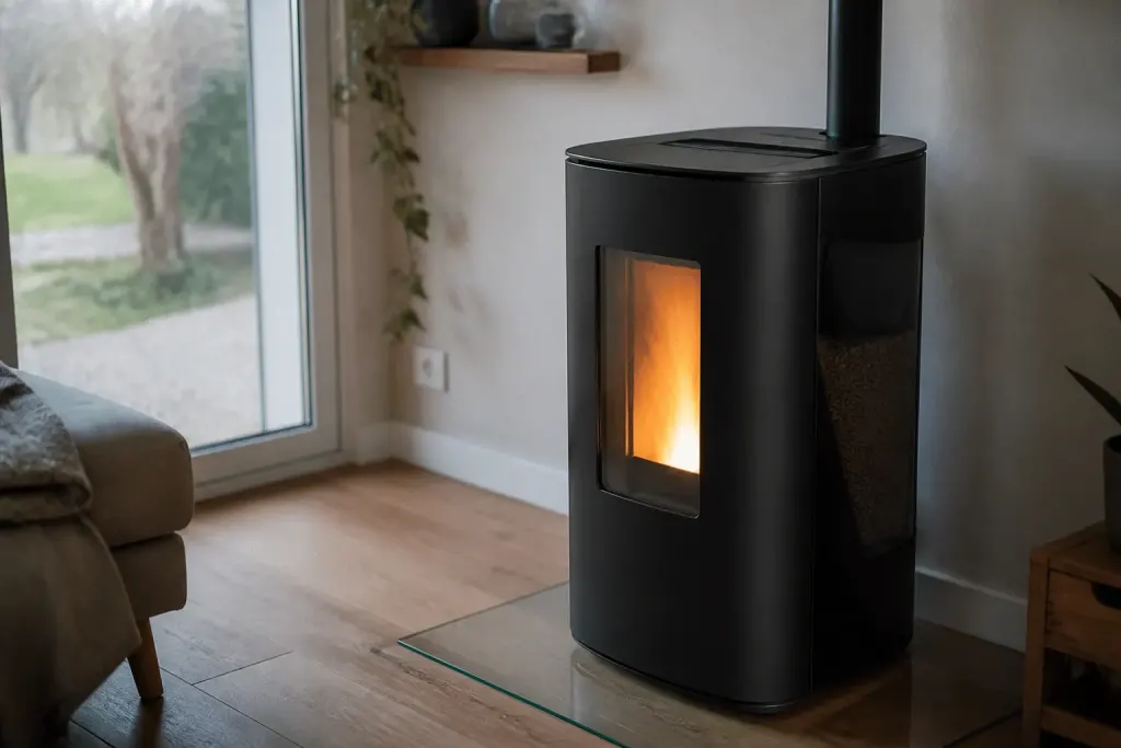Poele granules moderne avec reservoir integre affiche temperature
